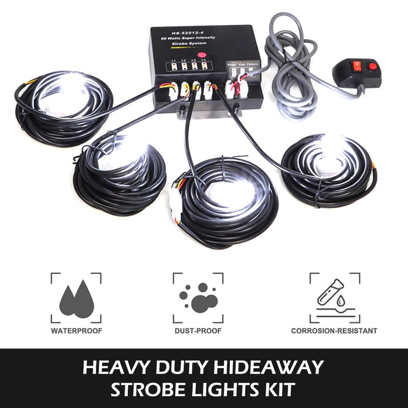 SMALLFATW Hideaway Strobe Lights Kit 4 HID Bulbs 13 Flashing Mode Memory Recall Function, 16 Feet Power Cord with Controller, Emergency Strobe Lights for Trucks Vehicles, White - Image 2